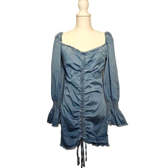 Fashion Nova Blue Western Boho Festival Gathered‎ Denim Mini Dress Large - Picture 1 of 12